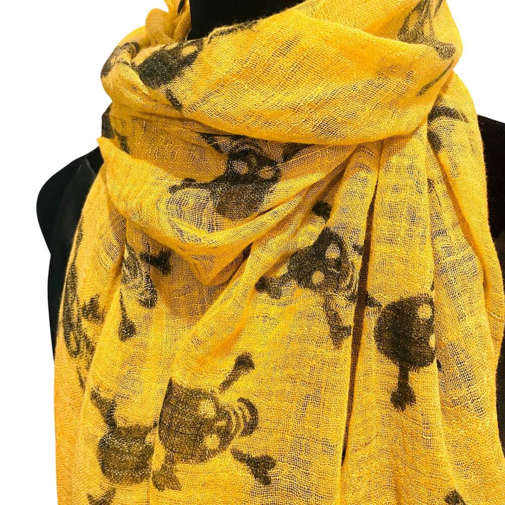 Liss Kiss Crossbones Print Scarf Mustard Yellow Large Lightweight Fringe - Picture 10 of 12